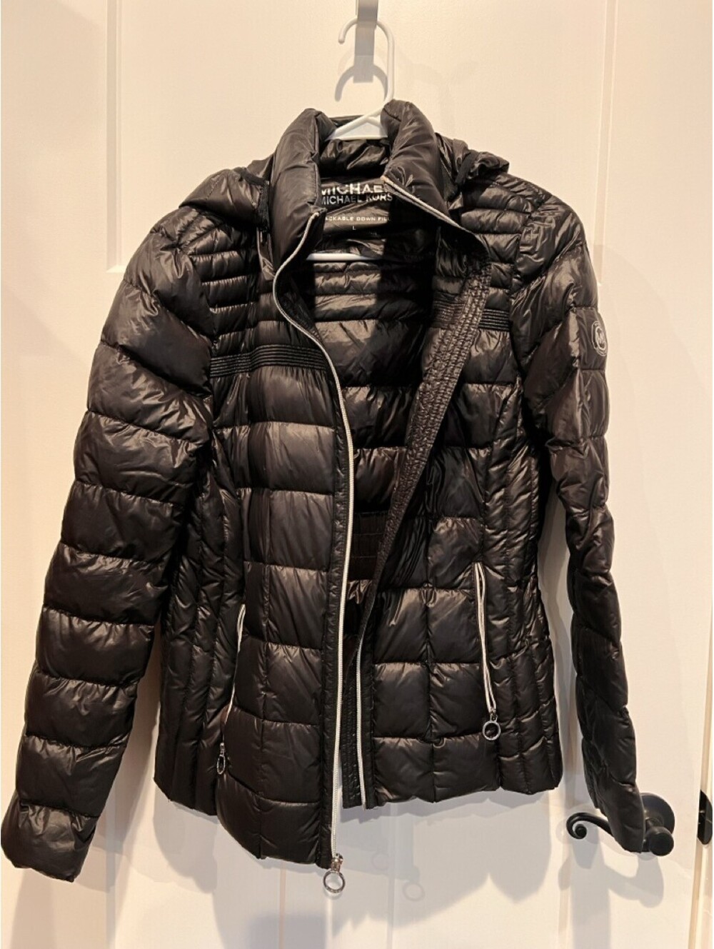 Michael Kors Womens L Black Packable Down Puffer Jacket Hooded Lightweight